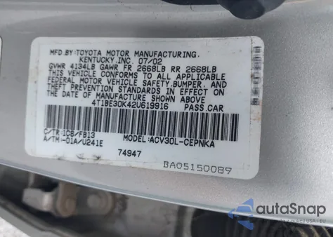 2002 Toyota Camry Le из США, поврежденный, VIN 4T1BE30K42U619916